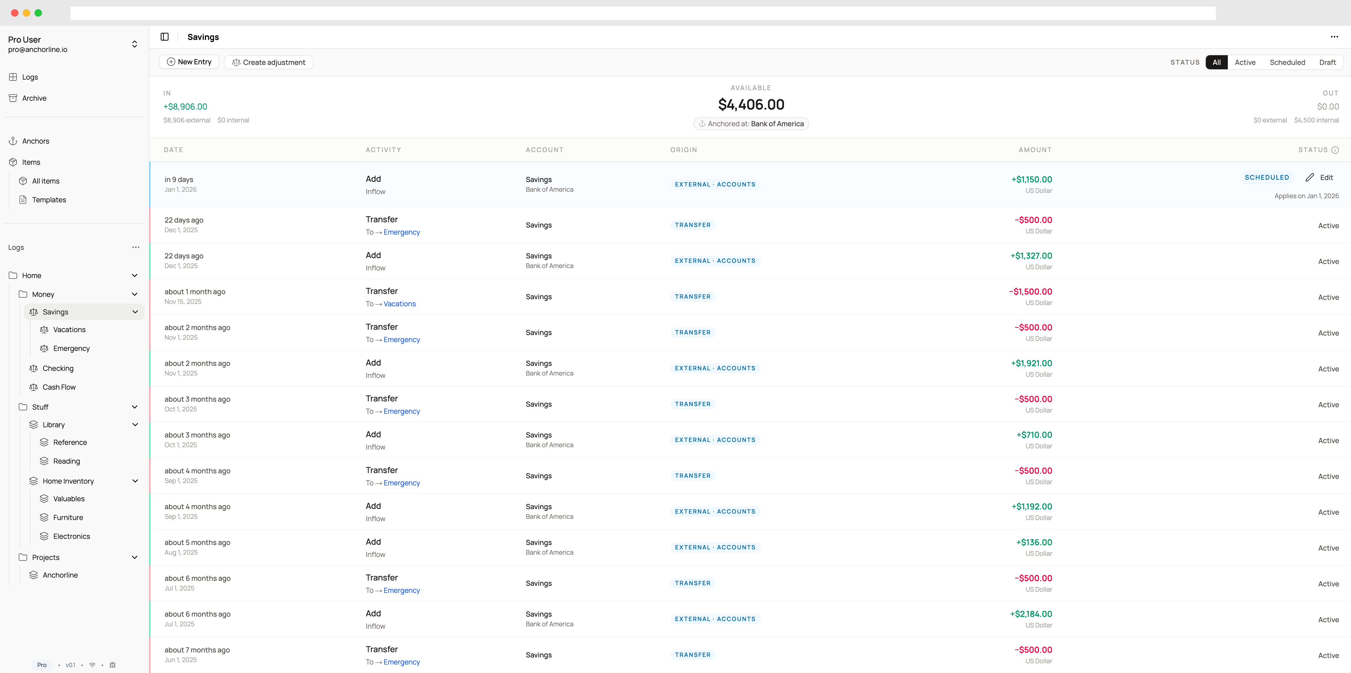 Balanced log showing entries and running balance