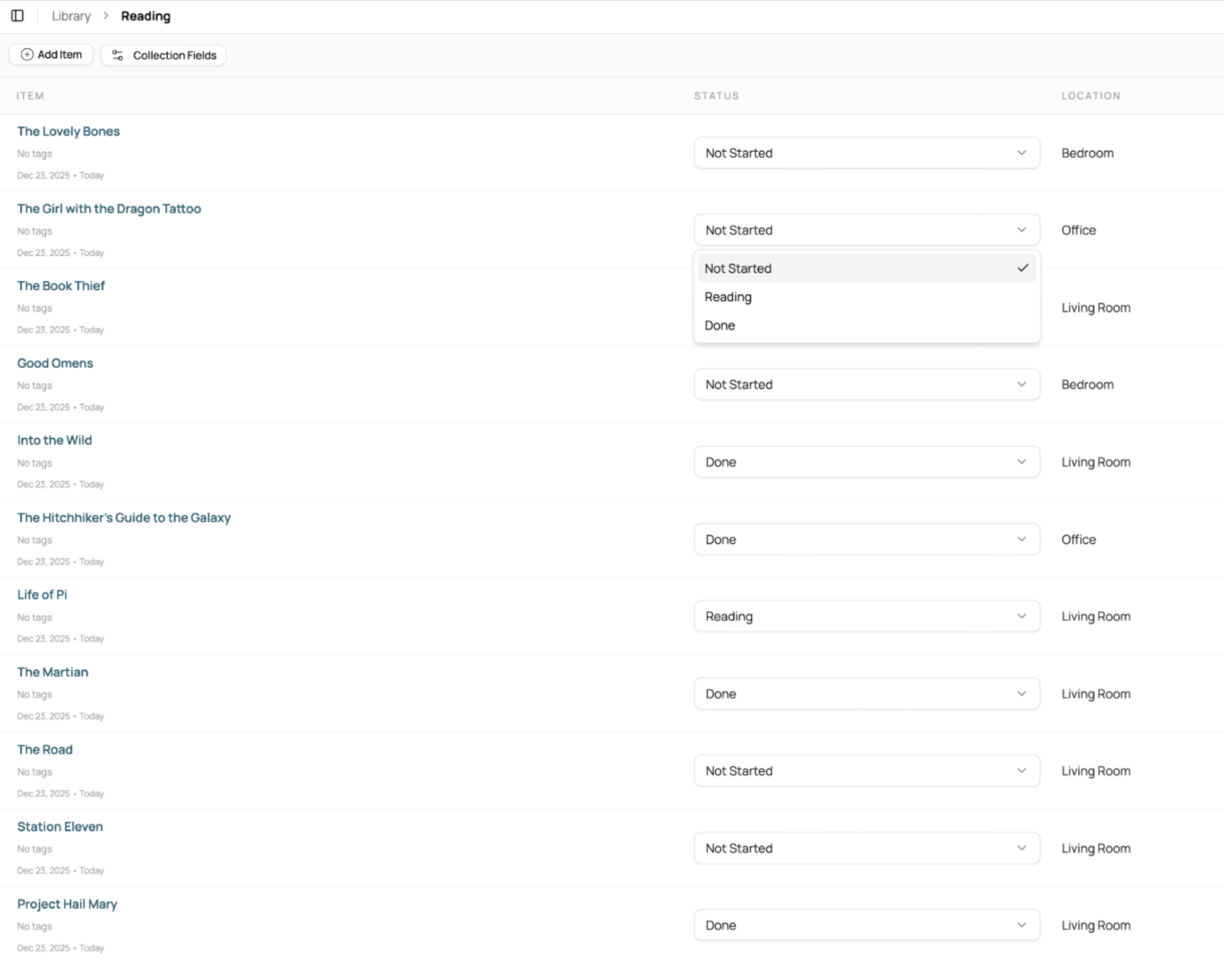Screenshot showing a structured collection list